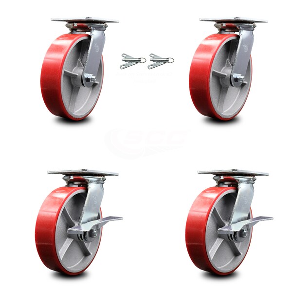 8 Inch Red Poly on Cast Iron Swivel Caster Swivel Locks 2 Brakes SCC, 2PK